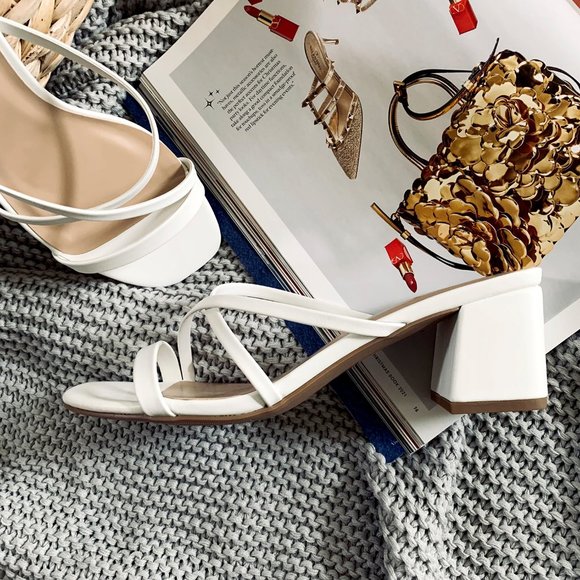 New🔥 White Crisscross Strap Low Block Heel Slide Sandal Square Open Toe Slip-On - Picture 3 of 6